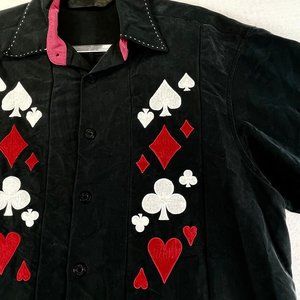 Vintage Mens Silk Poker Blackjack Cards Short Sleeve Button Up Casual Shirt